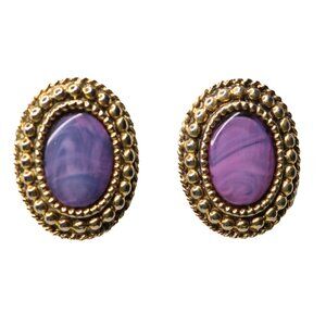 Vintage Oval Clip-On Earrings Gold Tone Purple Marble Cabochon Retro 80s 90s